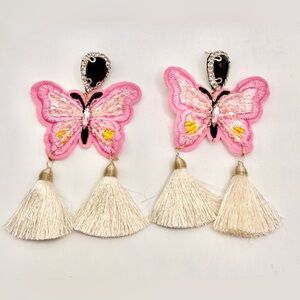 Pink Butterfly Statement Tassel Earrings Boho Embroidered Dangle